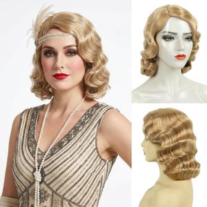 STfantasy Finger Wave Wig 1920s Retro Mid Length Long Curly Synthetic Hair for Women Cosplay Halloween Party Costume (ASh Blonde)