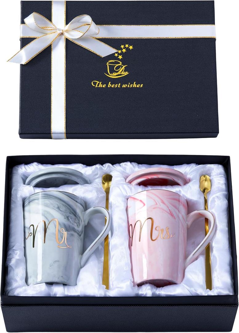 Luspan Wedding Gifts for Bride and Groom,Bridal Shower Engagement Gifts for Couples,Mr and Mrs Marble Coffee Mugs 14 Oz (Grey and Pink)