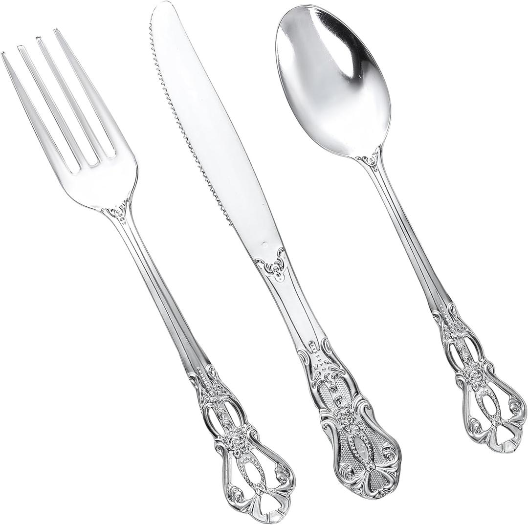 150PCS Silver Plastic Silverware - Heavy Duty Silver Disposable Cutlery - Fancy Plastic Utensils Flatware Include 50 Forks, 50 Spoons, 50 Knives for Catering, Parties, Dinners, Weddings