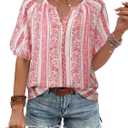 Unixseque Womens Summer Tops V Neck Short Sleeve Blouses Casual Button Down Shirts Floral Boho Clothing Trendy 2025 (XX-Large, Red Stripe)
