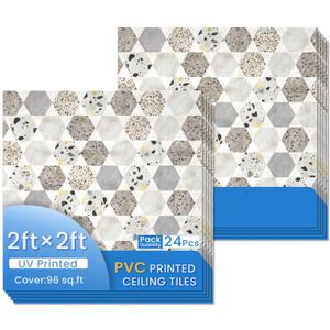 LooYee 24 PCS 2x2 Ft Faux Printed PVC Ceiling Tiles, 24x24 Inch Concentric Circle Mosaic Ceiling Panels, Waterproof Washable Cuttable Material Ideal for Living Room Bedroom Basement Cover 96 Sq.Ft
