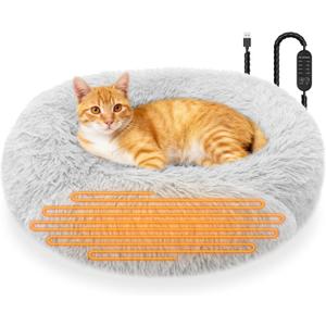 Heated Cat Beds for Indoor Cats and Small Dogs, 24'' Heated Pet Bed with Timer and Temp Adjustable, Cozy Fluffy Round Calming Pet Beds Removable Washable Cover USB Electric Warm Cat Bed- Light Gray