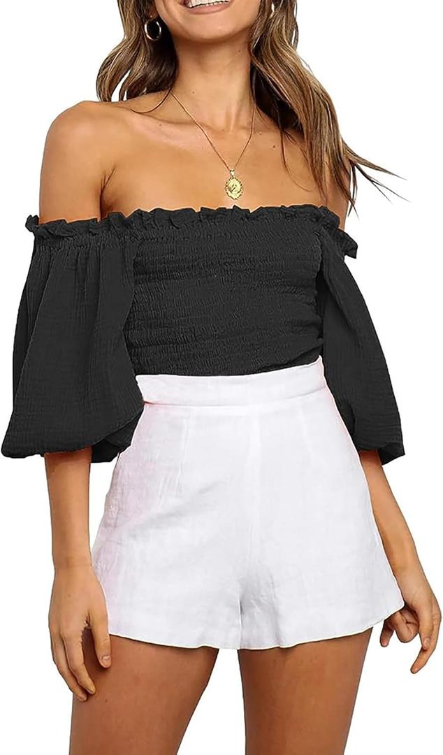 R.Vivimos Women's Summer Cotton Short Sleeves Off The Shoulder Crop Tops Ruffle Slim Blouses (Large, Black)