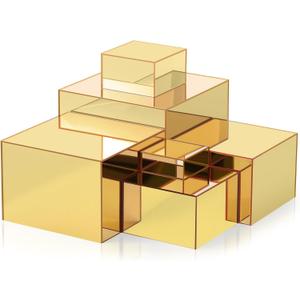 Geelin 6 Pack Acrylic Risers for Display Acrylic Cube Boxes Risers Display Stands with Hollow Bottoms Decorative Stand for Jewelry Candy Table Decor 6 Sizes(Gold,3 to 8 Inch,Square)
