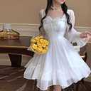 Lolita Dress White Kawaii Dress Women Chiffon Lolita Long Sleeve Mini Dresses Bow Fairy Robe Ruffles (White, M)