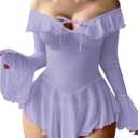 OYOANGLE Women's 2 Piece Off Shoulder Long Sleeve Ruffle Mesh Sheer Nightgowns with Thongs Babydoll Lingerie Set (Purple, S)