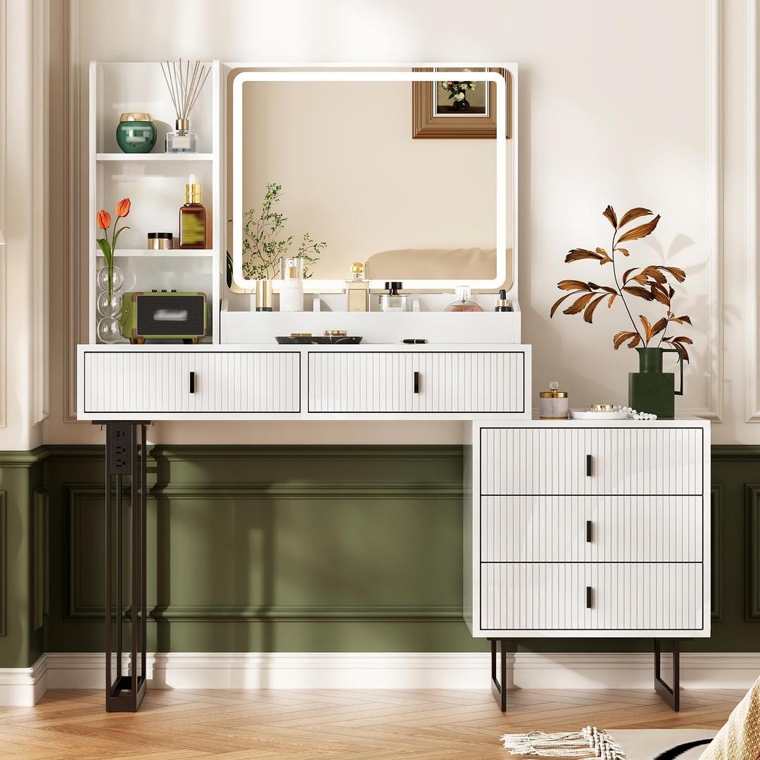 Large Vaity Desk with 3 Color Touch Screen Dimming Mirror, Vanity Desk with Charging Station, Modern Retractable Makeup Dressing Table, Vanity Table With storage shelves and 5 Sliding Drawers, White