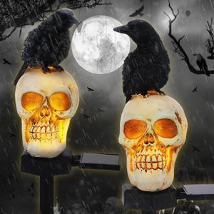 Retisee 2 Pcs Halloween Garden Decor Solar Skull Lights with Black Crow on Skull Waterproof Solar Skeleton Lights Outdoor LED Light up Skeletons Halloween Outdoor Decor for Garden Pathway Lawn Yard