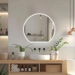 Niccy Half Moon Round LED Bathroom Mirror for Wall, 24" Irregular LED Mirror with Anti-Fog, 3-Color Adjustal, Dimmable, Semi Circle Frameless Makeup Mirror for Bathroom, Explosion-Proof