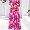 BTFBM Womens Spring 2026 Casual Maxi Dresses Short Sleeve Smocked Tiered Floral Boho Long Beach Dress with Pockets (Pink, XL)