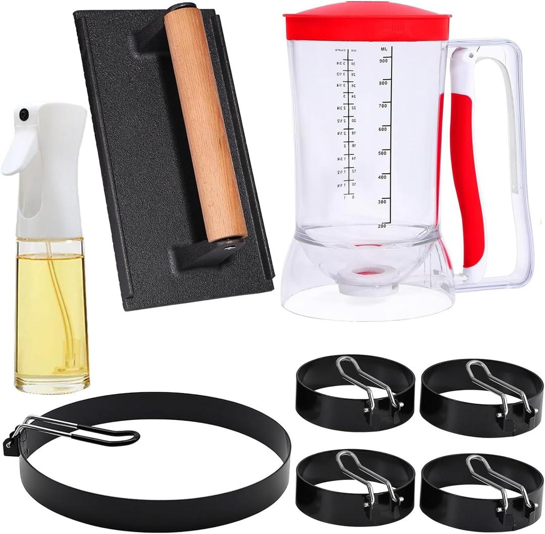 Griddle Breakfast Kit for Blackstone, 8 Piece Griddle Accessories Set, Include Pancake Batter Dispenser, Heavy Duty Bacon Press, Egg Rings, Large 8" Pancake Ring, Oil Sprayer