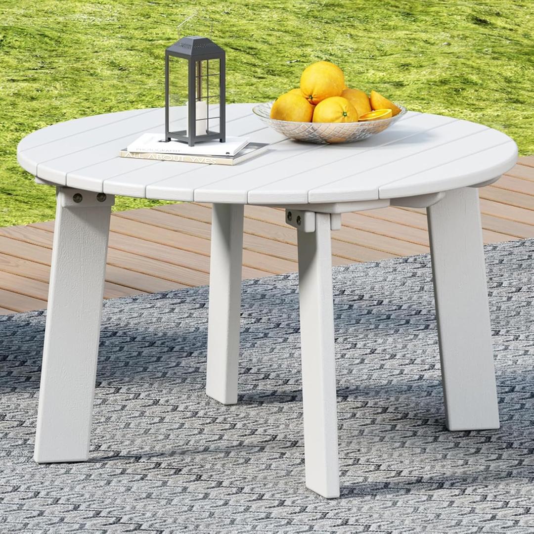 31.5" Outdoor Round Coffee Table, Adirondack Patio Coffee Table, Outdoor Large Side Table for Balcony Lawn (White)