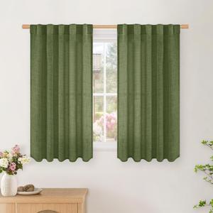 BGment Short Olive Linen Curtains 45 Inches Long for Cafe Windows, Dark Green Textured Drapes Decor for Kitchen Office Rod Pocket and Back Tab Sheer Light Filtering, 2 Panel, 42 Inch Wide Each Panel