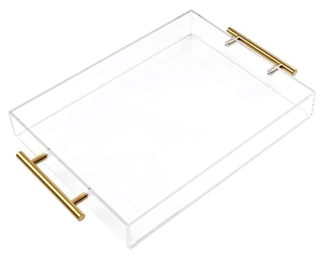 12"x16" Clear Acrylic Serving Tray with Golden Handles, Sturdy Huge Capacity Acrylic Tray for Coffee, Juice, Kitchen and Desk Organizer, Storage Tray (12"x16")