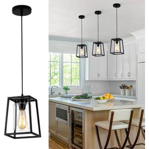 Pendant Lights Kitchen Island, Black Industrial Lantern Pendant Light Fixtures with Clear Glass Shade, 1-Lighting Linear Hanging Light Fixtures for Dining Room, Entryway, Hallway