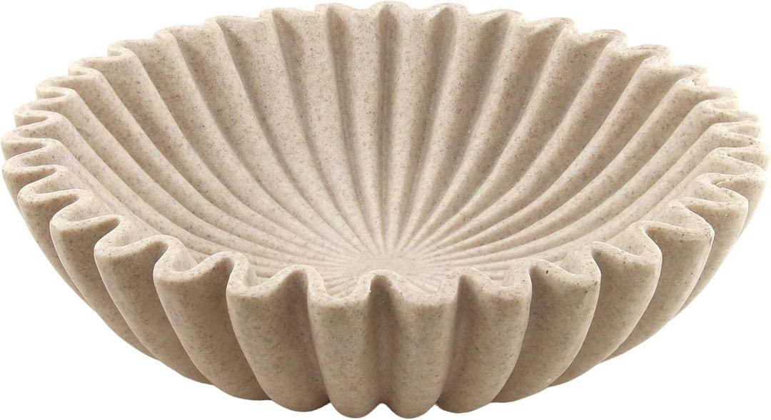 Large Modern Decorative Ruffle Bowl for Home Decor Fruit Bowl Organic Catch All Key Kitchen Entryway Shelf Coffee Table, Artificial Stone Beige