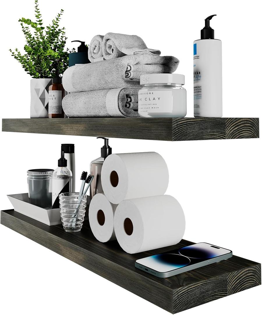 SAUCE ZHAN 24 Inch Floating Shelves Rustic Natural Wood Pine Wall Shelf Set of 2 Open Shelving Light Wooden Wall Mounted Decor for Bathroom, Living Room, Bedroom, Kitchen 24D x 6.7W