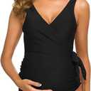 Tempotrek Maternity Swimsuit One Piece Elegant V Neck Pregnancy Swimwear Tie Front Bowknot Bathing Suit Monokini, M 