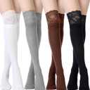 Fourluoo 4 Pairs Women's Lace Socks Long Knee High Socks Kawaii Lace Top Lolita Boot Stockings (Black, White, Coffee, Gray), One Size
