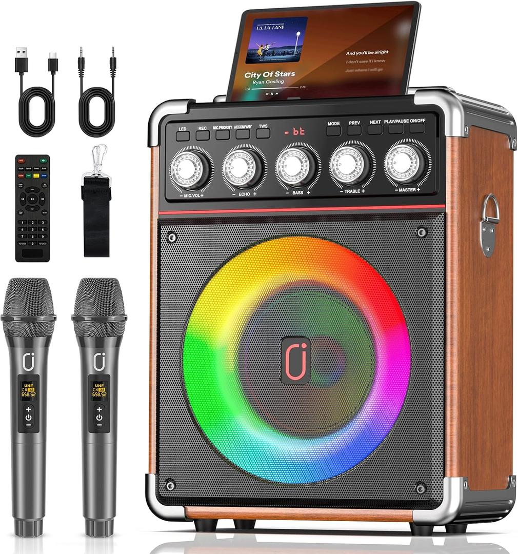 BOGO Free at Bundle! Karaoke Machine for Adults Kids, Portable Bluetooth Speaker w/2 Wireless Microphones, 24H Playtime, TWS, Bluetooth, Bass/Treble Boost for Outdoor Singing, Home Party & DJ Night