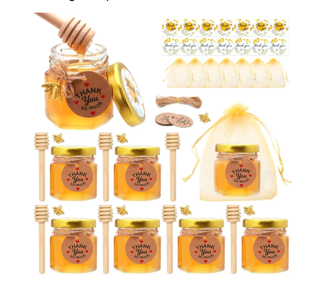XING-RUIYANG 1.5 oz Mini Glass Honey Jars, Honey Jars Party Favors in Bulk, with Dipper, Stickers,Gold Lid, The Golden Bee pendant, Gift Bags and Jute, for Baby Shower, Wedding Party Favors