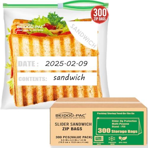 BEIDOU-PAC Slider Sandwich Food Storage Freezer Bags with Stand-Up Bottom, 300 Count | 2 Mil | 6.5 IN x 4.3 IN x 1.6 IN, Freshness Easy Open Reclosable Clear Plastic Bags (Slider-sandwich-300count)