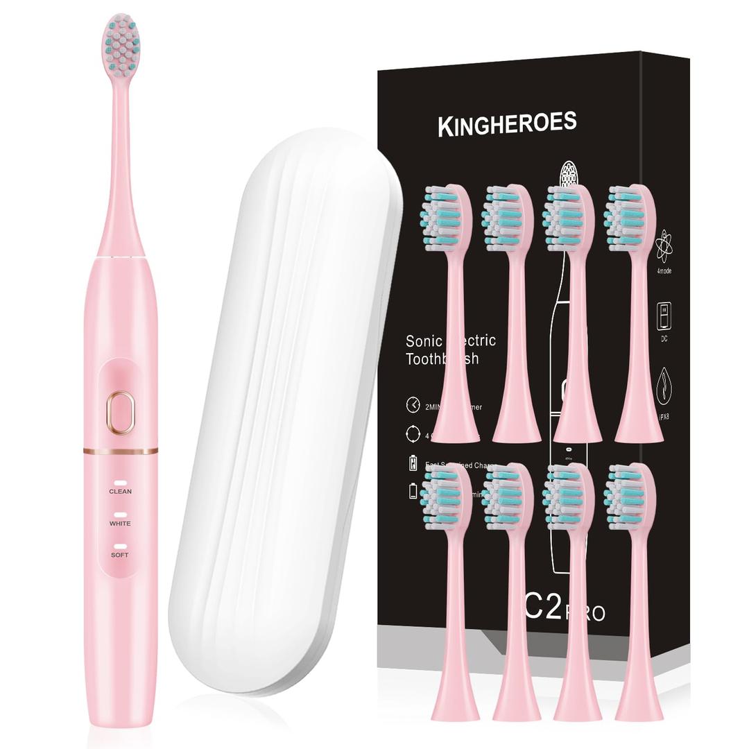 KINGHEROES Electric Toothbrush Set, Comes with 8 Brush Heads & Travel Case,4 Modes with 2 Minutes Built in Smart Timer, One Charge for 60 Days, 42000 VPM Motor (Pink)