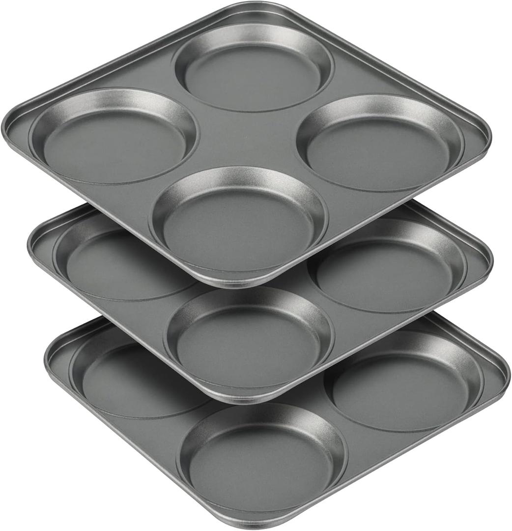 Tiawudi Muffin Top Pan, 4-Cup Hamburger Bun Pan, Large Whoopie Pies Pan, Non-Stick Bakeware for Eggs, Cornbread, Small Cake Layers and Drop Cookies, Set of 3 (Gray)