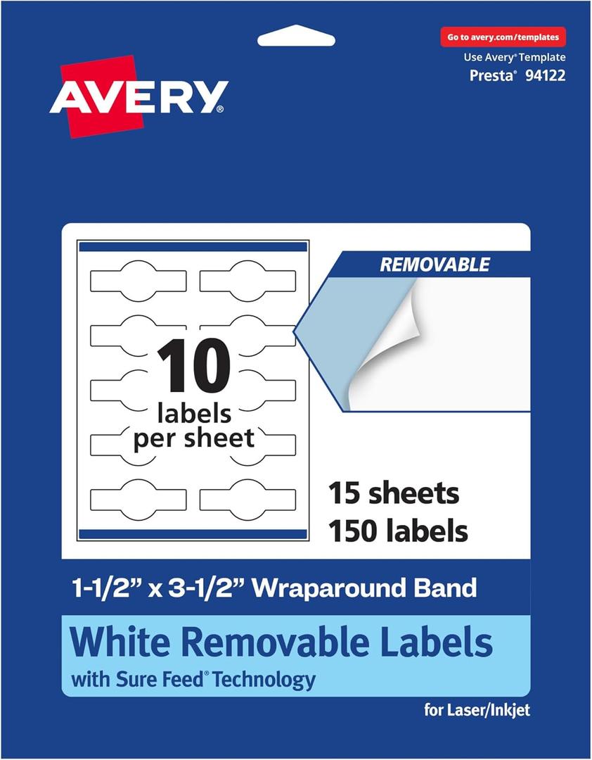 Avery Matte White Removable Wraparound Band Labels, Sure Feed Technology, 1.5" x 3.5", Print-to-The-Edge, Cigar Band Labels, 150 Total, Laser/Inkjet Printable