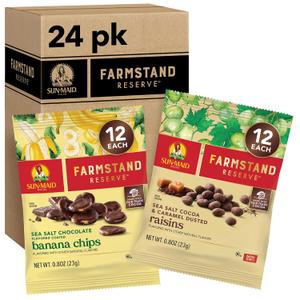 Sun-Maid Farmstand Reserve 24 Count Variety Pack - 0.8 oz Snack Bag Sea Salt Cocoa & Caramel Dusted Raisins + Sea Salt Chocolate Coated Banana Chips (Amazon Exclusive) (EXP 10/27/26)