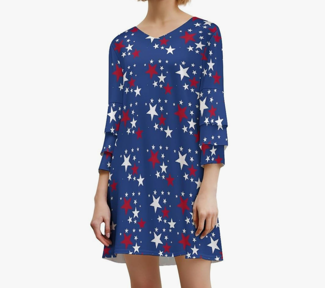 American Flag Womens 2025 Dress Lotus-Leaf Sleeve Dress Novelty Party Dress Fall Dresses, M, Blue