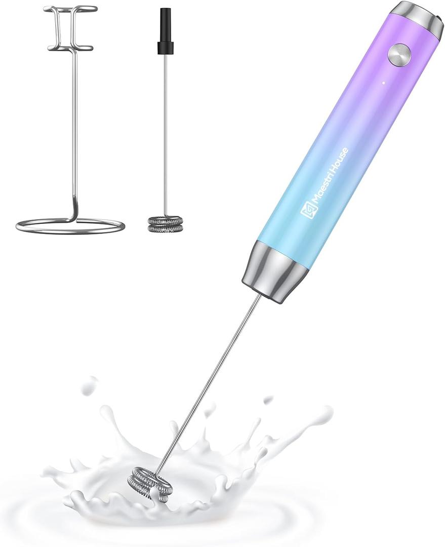 Maestri House Rechargeable Milk Frother with Stand, LunaFro Handheld Electric Foam Maker Waterproof Detachable Stainless Steel Whisk Drink Mixer Foamer for Lattes, Cappuccino (Purple and Blue)