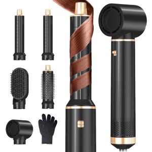 5 in 1 Hair Dryer Brush Hot Air Curling Brush Negative Ion Air Styler Multi Function Blow Dryer Brush with Curling Wand, Straightening Brush, and Volumizing Hot Air Brush for All Hair Types, Black