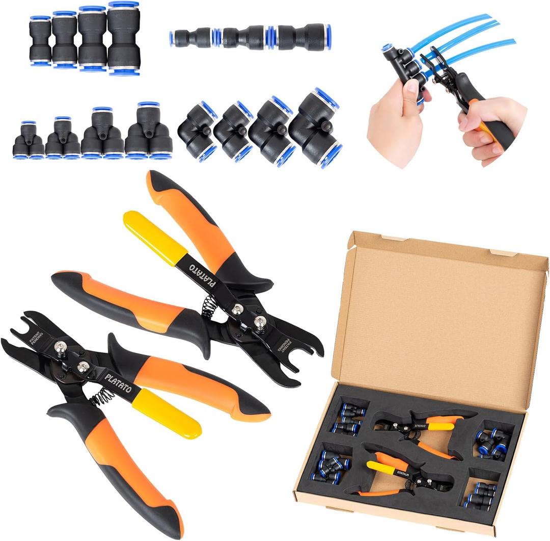 Push to Connect Fittings Air Line Disconnect Tool Kit Push Fitting Removal Tool for 1/4, 5/16, 3/8, 1/2 (6mm, 8mm,10mm,12mm) Quick Connect Release Pliers with 15 Pcs Pneumatic Fittings