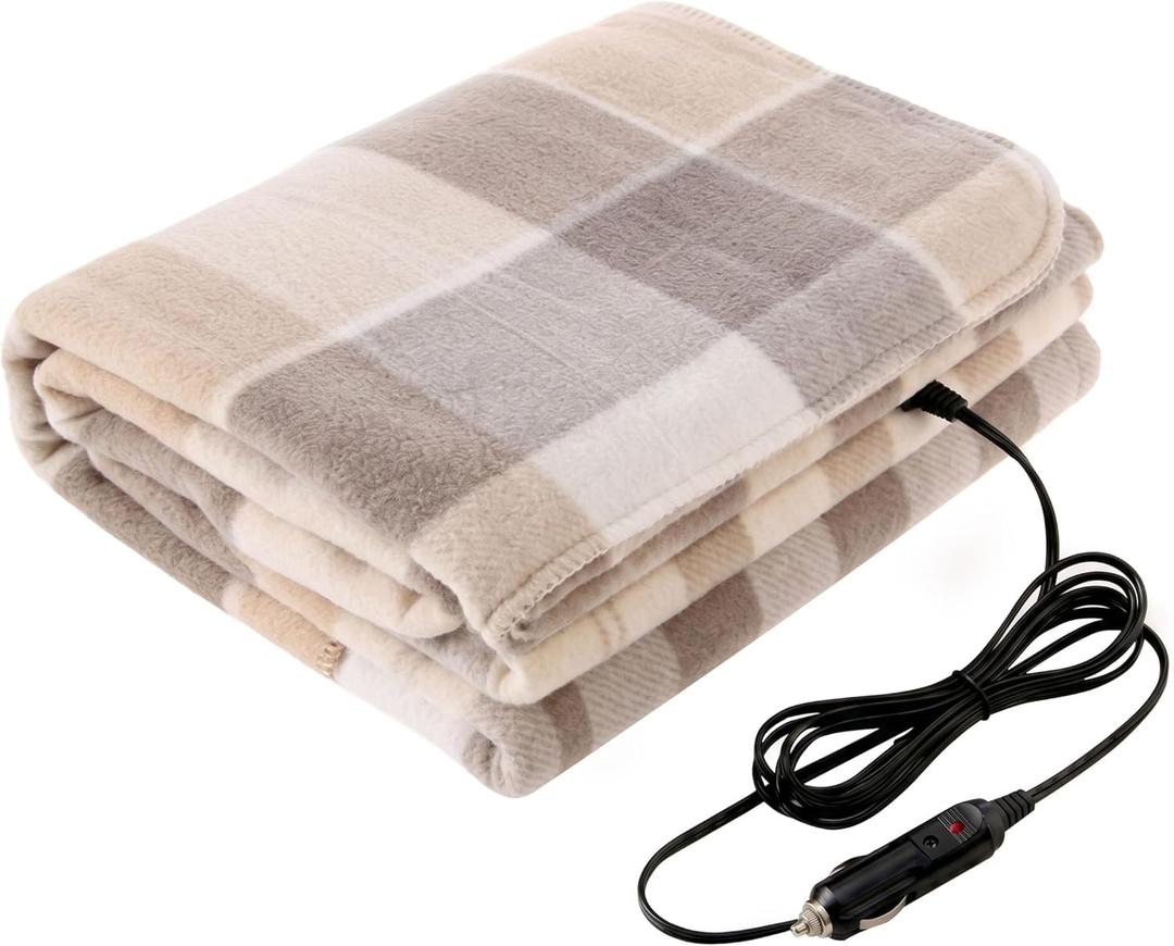 Heated Car Blanket - 12V Electric Travel Blanket for Car, Truck, SUV or RV - Portable Heated Throw for Road Trips, Camping or Winter Emergency Kit for Cold Weather Travel by Stalwart (Tan Plaid)