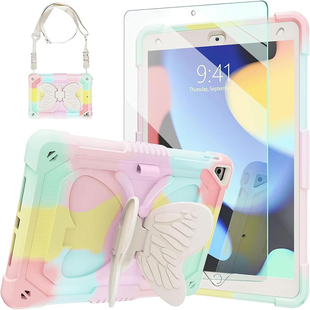 Ambison Case for iPad 9th/8th/7th Generation 10.2 inch with Glass Screen Protector,Rugged Shockproof Protective Cover for Kids Girls Butterfly Stand,Shoulder Strap for iPad 2021/2020/2019-Multicolor