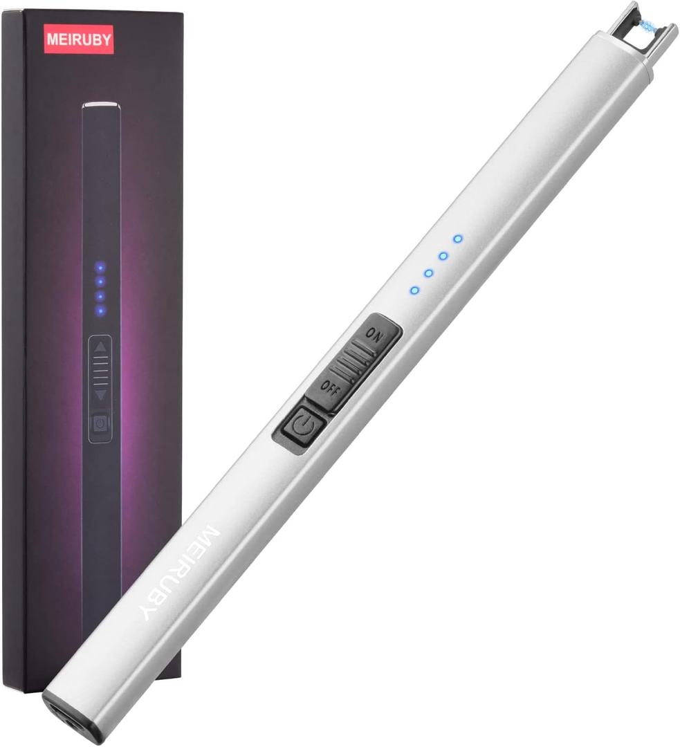 MEIRUBY Electric Candle Lighter, Christmas Stocking Stuffers Gifts for Women Mom Men Wife Sister, USB Arc Rechargeable Windproof Long Lighter for Candle BBQ Housewarming Birthday Gifts Idals (Silver)