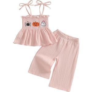 Kayotuas Halloween Toddler Girl Outfits Pumpkin Smocked Spaghetti Strap Tank Top Dress Gingham Plaid Pants Halloween Clothes, 3/4 Y