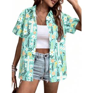 Easter Shirts for Women Happy Easter Hawaiian Shirt Funny Bunny Button Down T-Shirt Rabbit Graphic Tee Tops Green