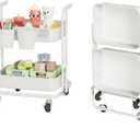 DTK 2 Tier Rolling Cart, Small Metal Utility Cart with Lockable Wheels, Foldable Craft Cart, 2 Shelf Folding Storage Trolley for Living Room, Kitchen, Bathroom, Bedroom and Office, White