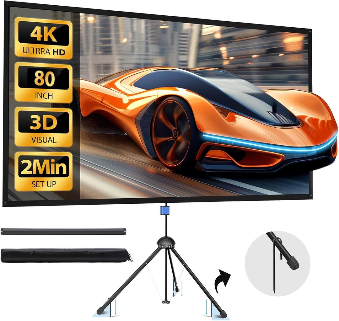 Projector Screen with Stand 80 inch Indoor Outdoor Projector Screen 16:9, 4K HD PVC Projector Screen with 1.5 Gain, projector screen for Backyard Theater and Wall Hanging 2IN1 with Carry Bag, Ground