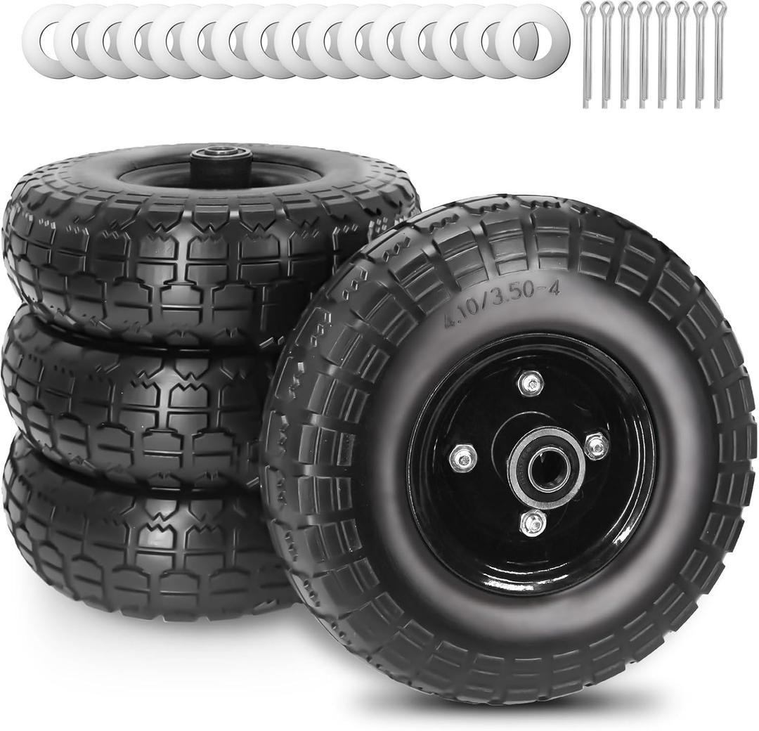 10" 4.10/3.50-4 Flat Free Solid Polyurethane Tire and Wheel with 5/8" Axle Borehole, 2.1" Offset Hub for Wheelbarrow,Hand Truck,Generators (4Pack Black)