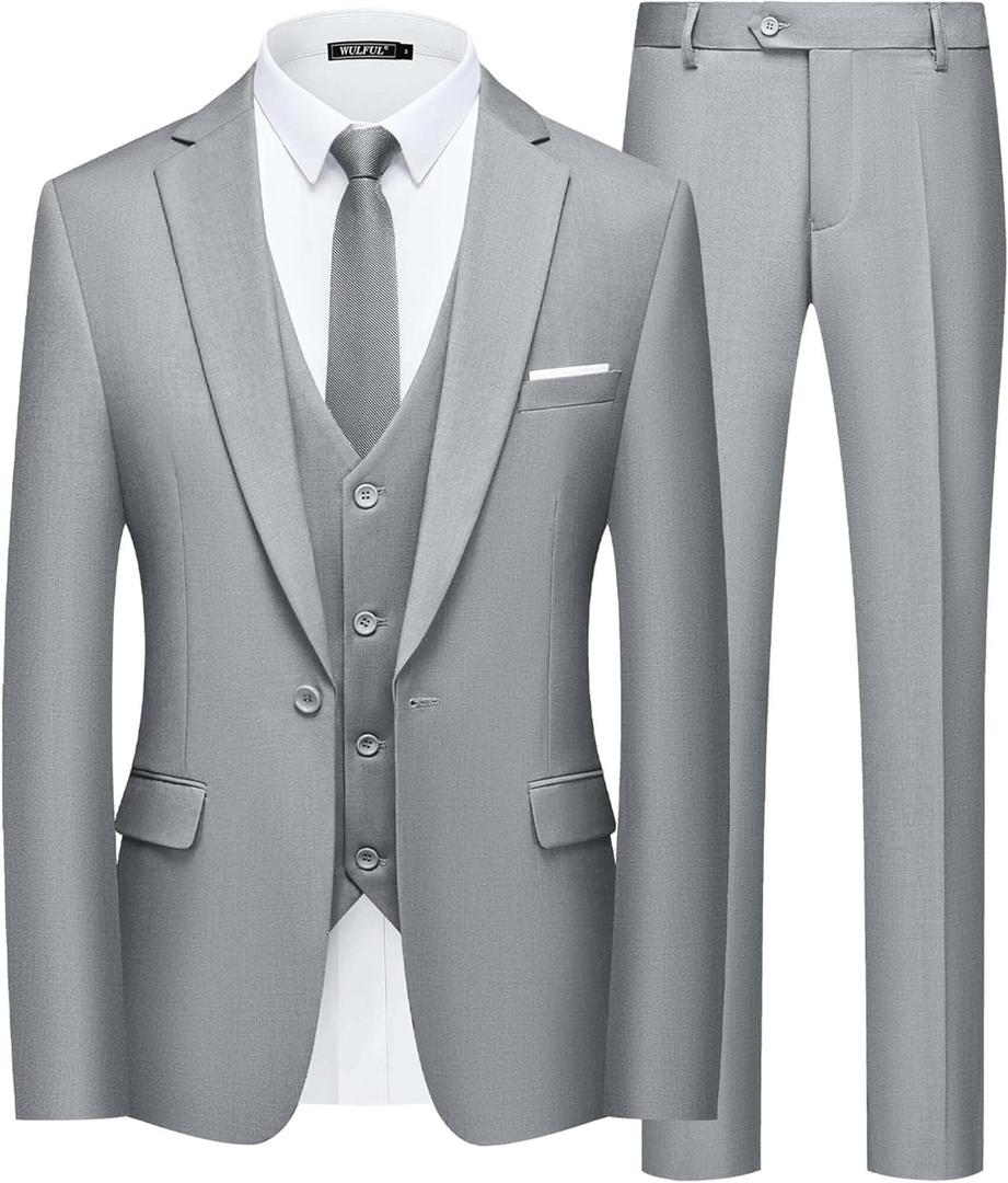 WULFUL Mens Slim Fit Suit One Button 3-Piece Blazer Dress Business Wedding Party Jacket Vest & Pant (Light Grey), Size: 3XL WULFUL Mens Slim Fit Suit One Button 3-Piece Blazer Dress Business Wedding Party Jacket Vest & Pant (Light Grey), Size: 3XL