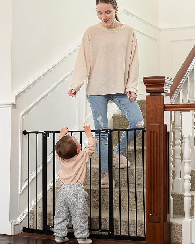 InnoTruth 28.9-42.1" Wide Baby Gate for Stairs, 30" Tall Dog Gates for Doorways Expandable One-Hand Open, Easy Walk Through Dual Lock Metal Pet Gates for Dogs, Black-Family & Mom's Choice Award Winner