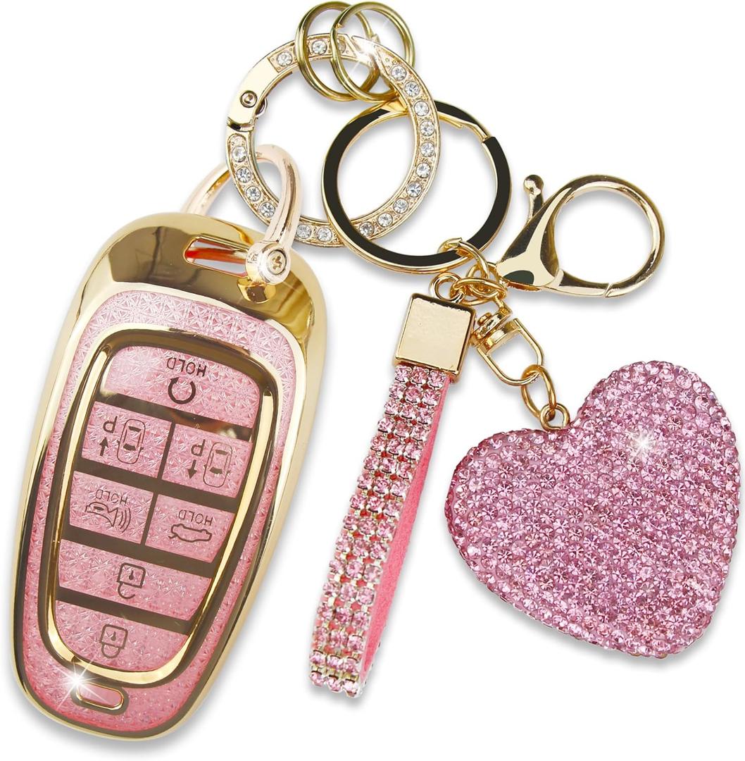 Fit for Hyundai Key Fob Cover with Diamond Keychain, Compatible with Hyundai 2024 2023 2022 Sonata Santa Fe Nexo Tucson Palisade Smart Key Protector for Women (7 Buttons, Pink)