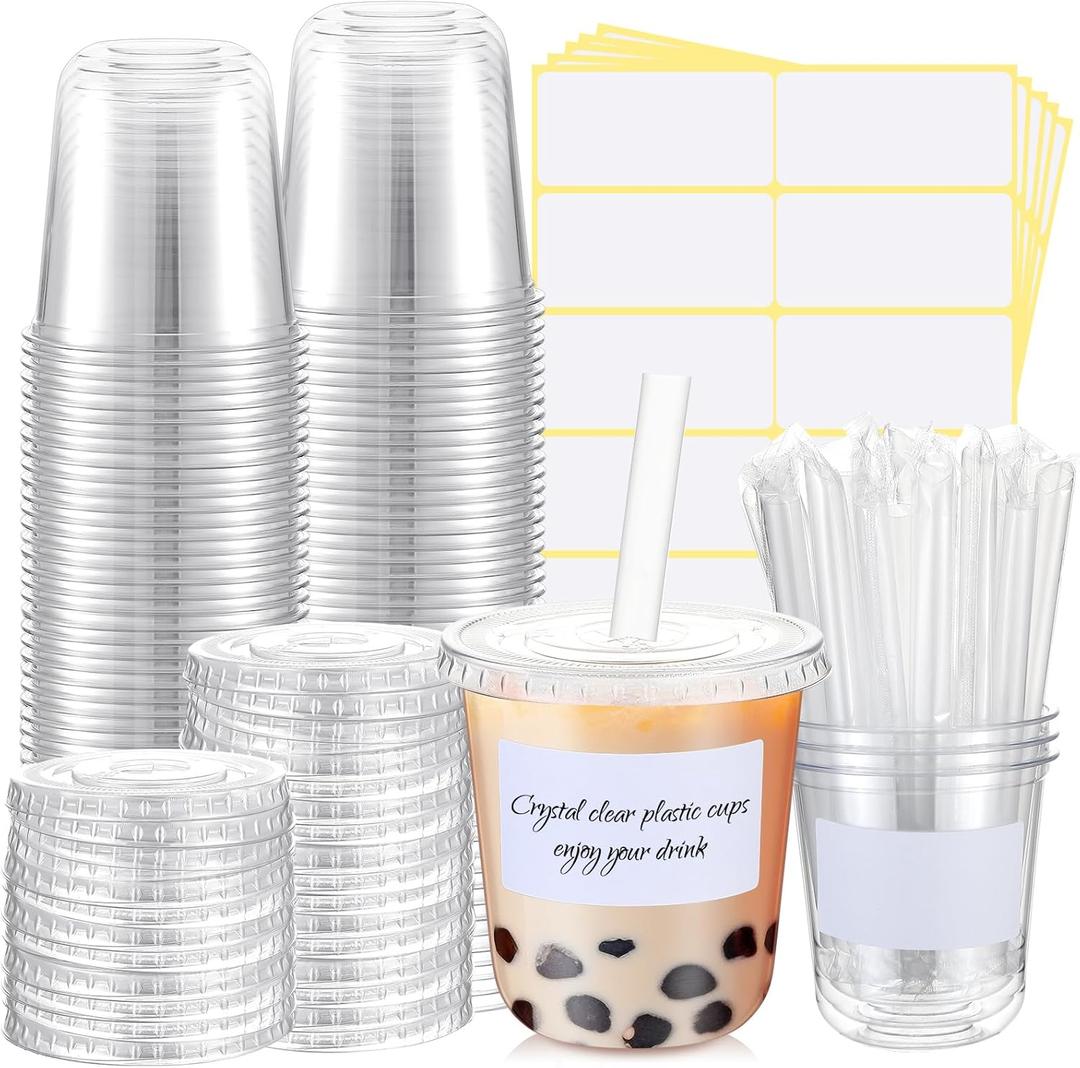 50 Sets Crystal Clear Plastic Cups with Lids, Straws and Stickers, Disposable Iced Coffee Cups Thickened PET for Iced Coffee, Bubble BobaTea, Smoothie, Cold Drinks, Juice, Shops (12 oz)