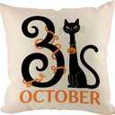 Halloween Pillow Covers 18x18 inch Set of 4, Linen Outdoor Farmhouse Cute Ghost Vintage Cat Skull Spooky Trick or Treat Party Supplies Black and White Decorations for Sofa Couch