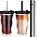 Honeydak 2 Pack 16oz Reusable Iced Coffee Cups with Lids Leakproof and Double Wall Insulated Plastic Iced Coffee Tumbler with 2 Straws and Straw Cleaner(Black)