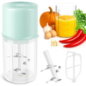 Electric Mini Food Chopper, Clear Container with Blue Lid, Compact Size (Green)