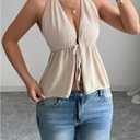 SOLY HUX Women's Deep V Neck Tie Front Halter Crop Top Backless Textured Peplum Tank Shirts Date Outfits (Beige, S)